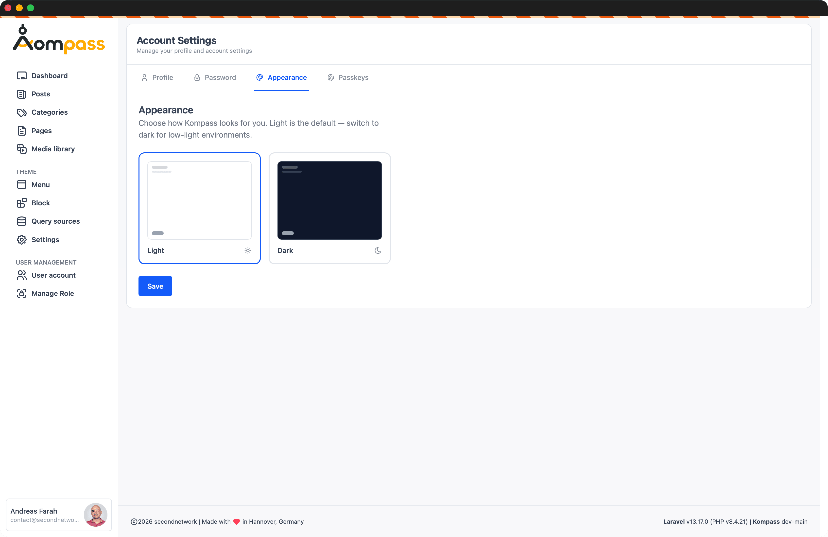 Appearance tab — Light / Dark