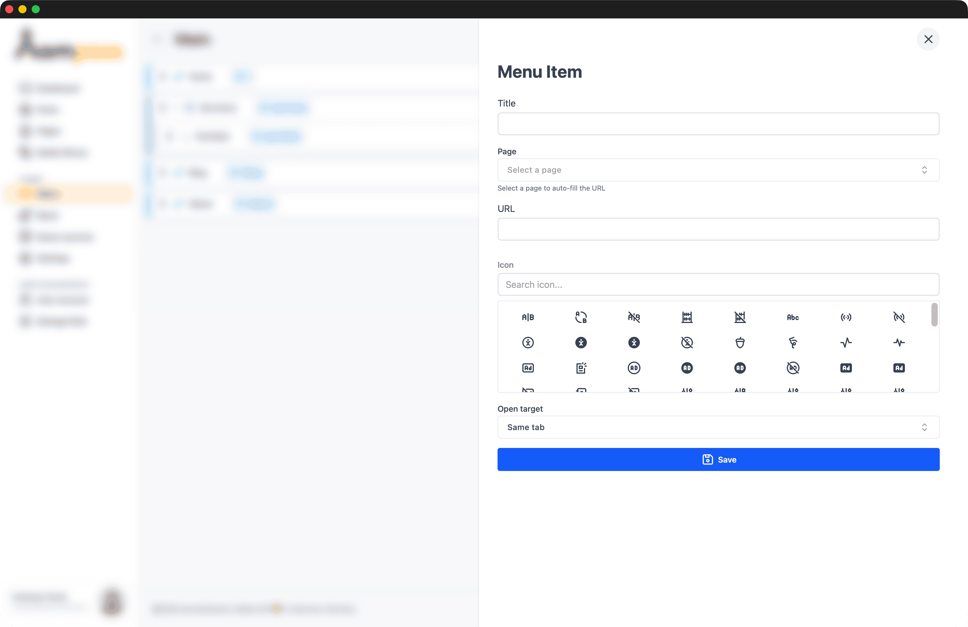 Menu Item editor