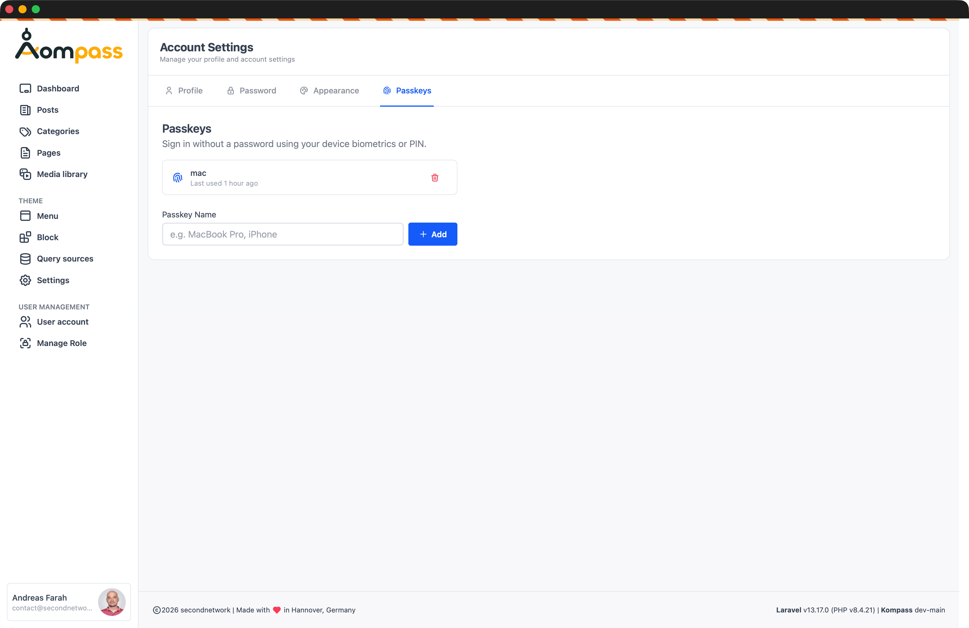 Passkey management in Account Settings